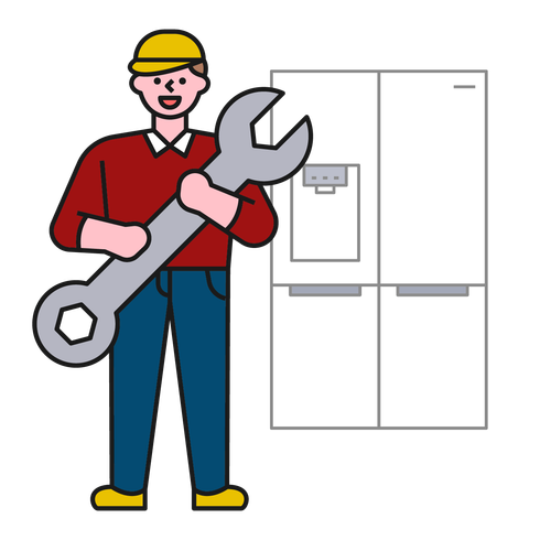 A cute repairman is fixing a home appliance with a huge tool. flat design style minimal vector illustration.