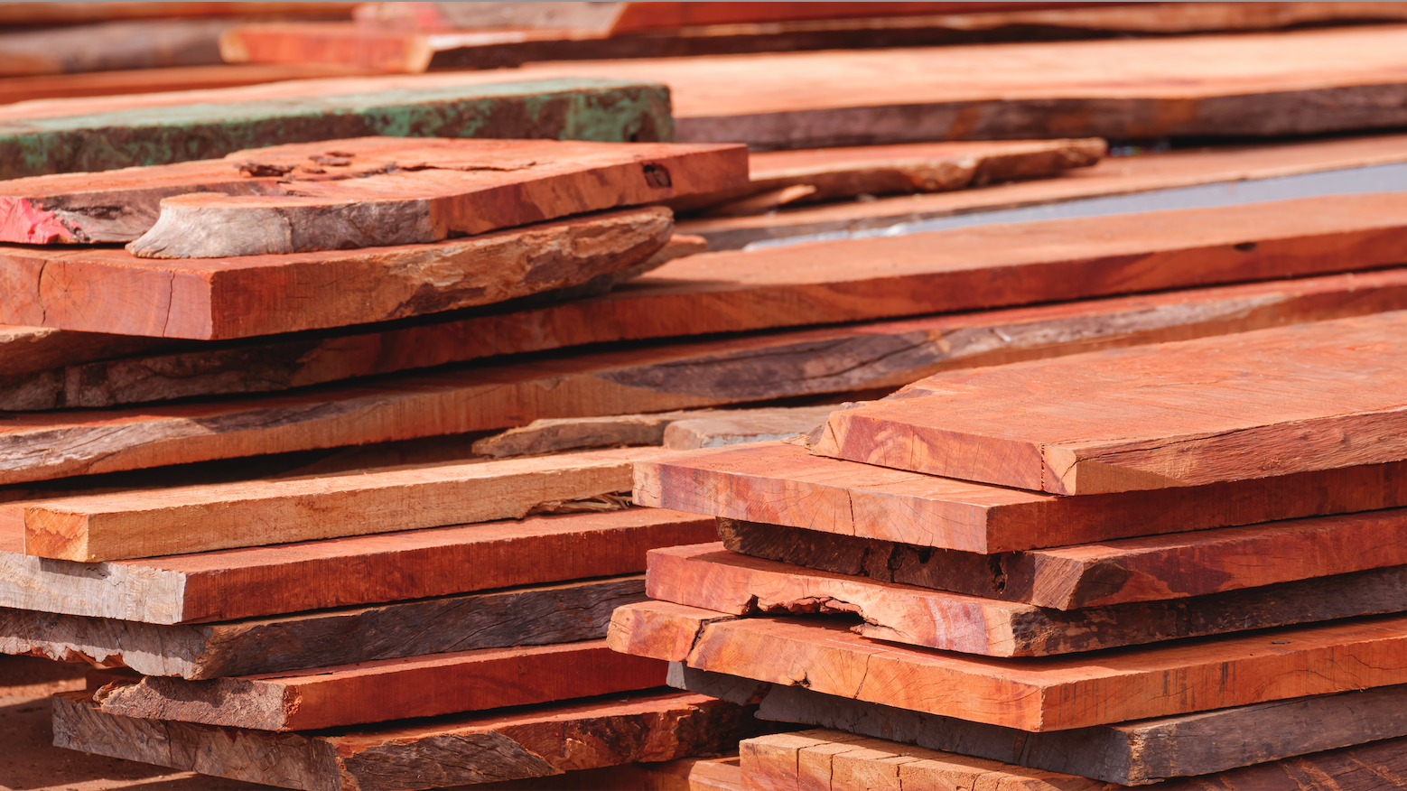 A large, organized stack of raw, unfinished wooden planks with rough, natural edges.