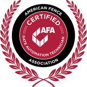 A round, red and black American Fence Association Certified Gate Automation Technician logo framed by red laurel leaves.