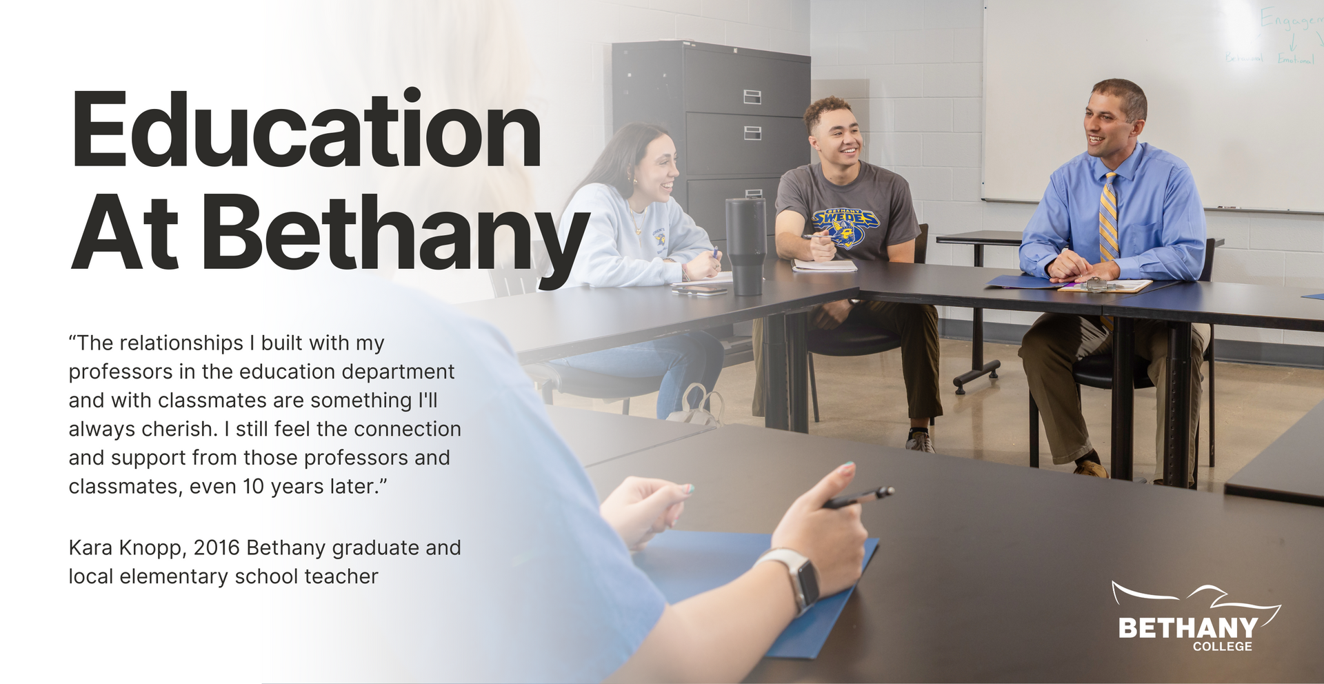 Banner depicting faculty with students in a classroom, with a quote from a Bethany alum
