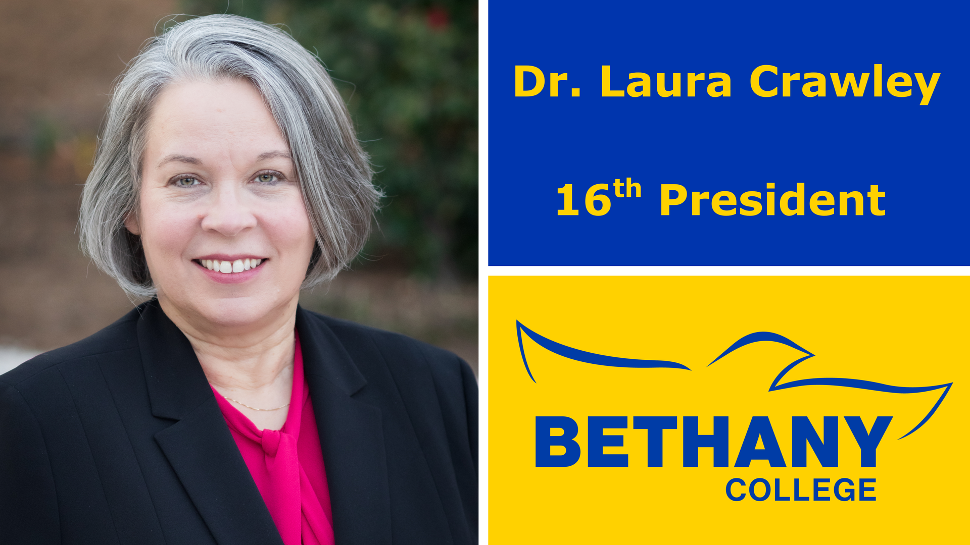 Picture of Dr. Laura Crawley being announced as Bethany College's 16th President.