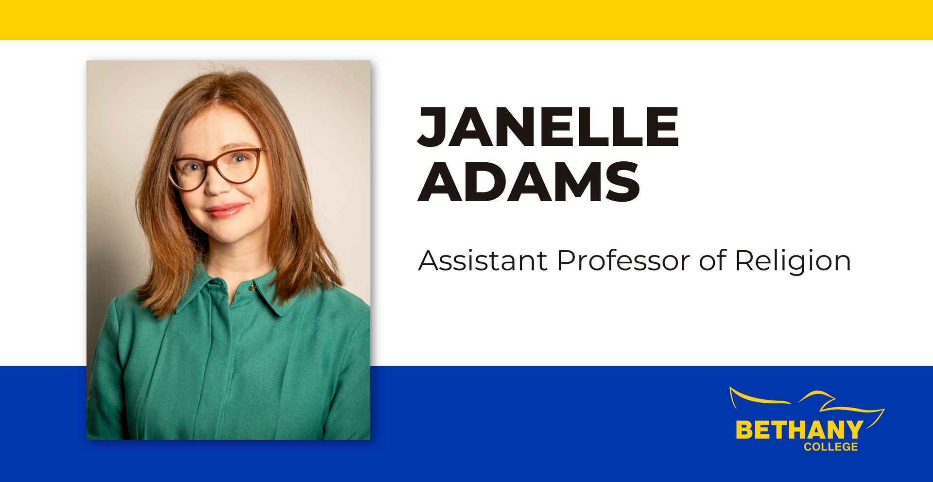 Banner depicting Janelle Adams' headshot with her title of Assistant Professor of Religion