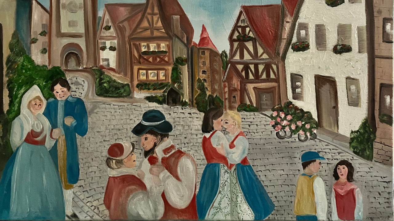 A painting of Swedish folk dancers in a village square.