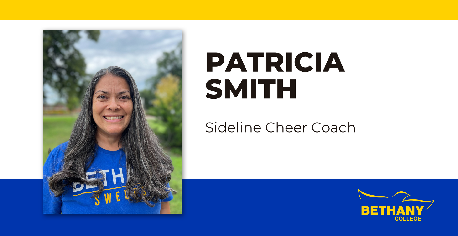 
Banner depicting Patricia Smith’s headshot with her title of Sideline Cheer Coach