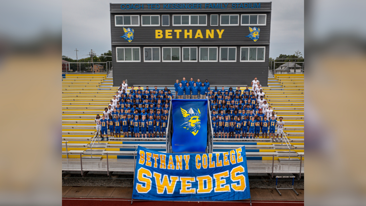 Bethany College 2024 Football team on the bleachers of the Coach Ted K. Kessenger Family Stadium