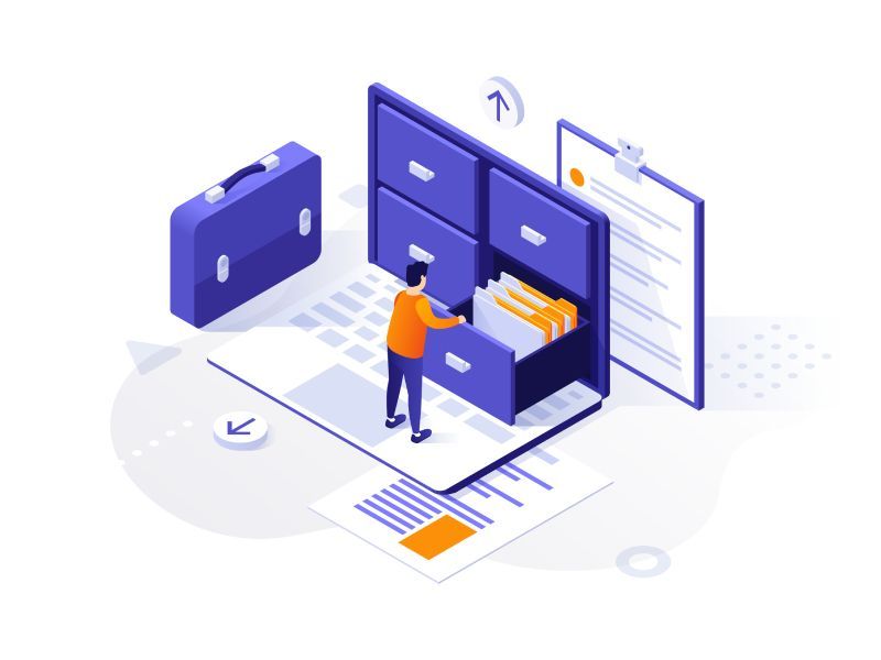 an isometric illustration of a man looking through a filing cabinet