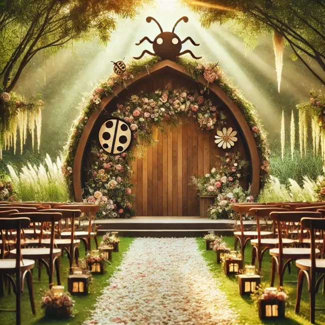 A wedding ceremony with a stinkbug on the door at Stink Bug Wedding Chapel.