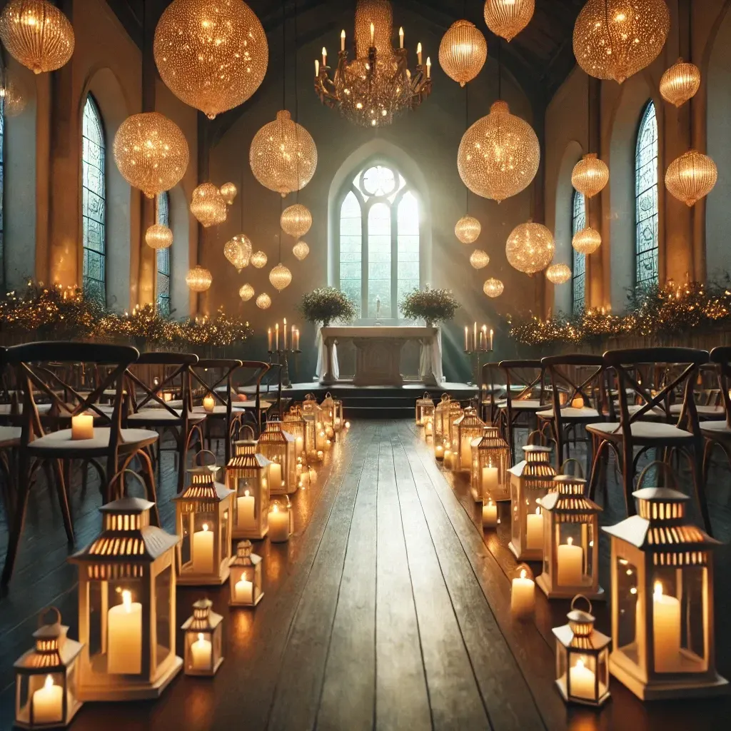 A church is decorated with lanterns and candles for a wedding ceremony at stink bug wedding chapel