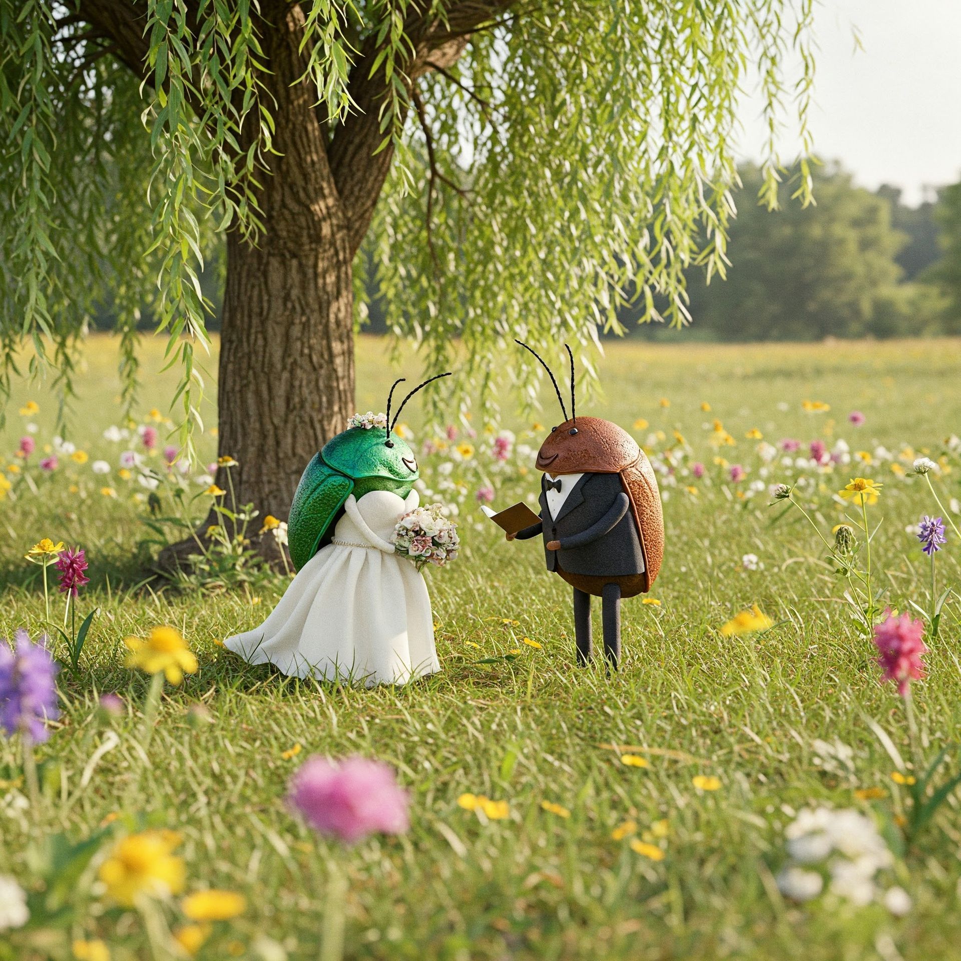 A cockroach and a bride are standing under a tree in a field of flowers at stink bug wedding chapel
