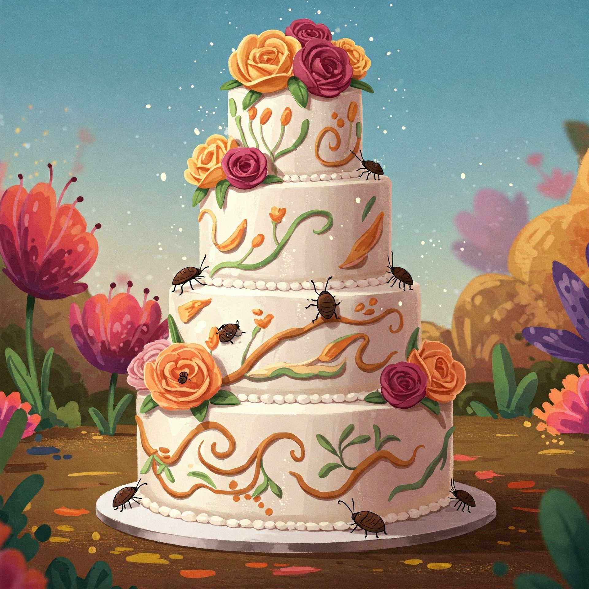 A four tiered cake with flowers and bugs on it at stink bug wedding chapel