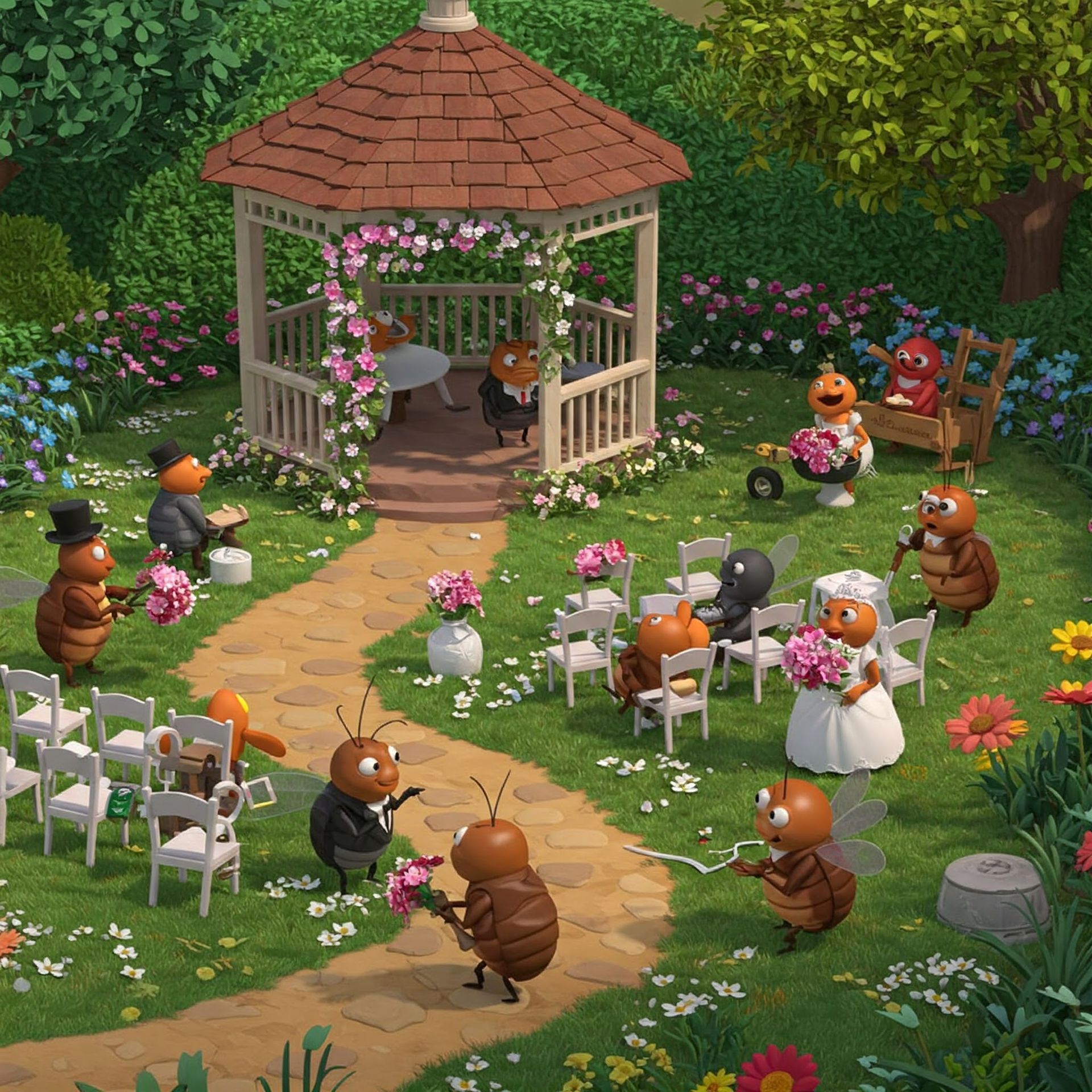 A group of stinkbugs are gathered around a gazebo in a garden at stink bug wedding chapel