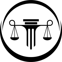 A black and white icon of a scale of justice in a circle.