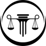 A black and white icon of a scale of justice in a circle.