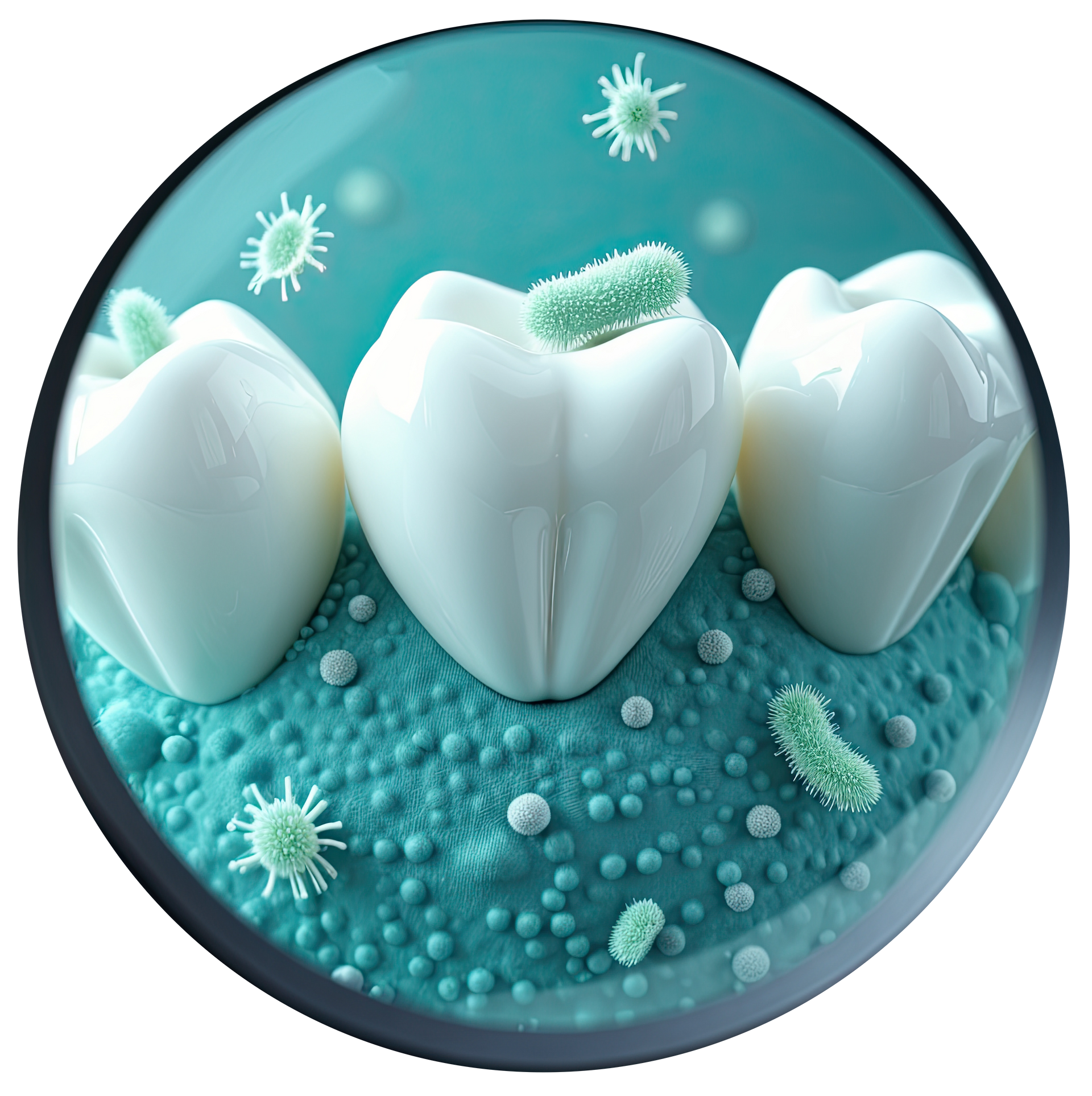 Teeth with bacteria, visualized in a turquoise, watery environment, highlighting dental hygiene.