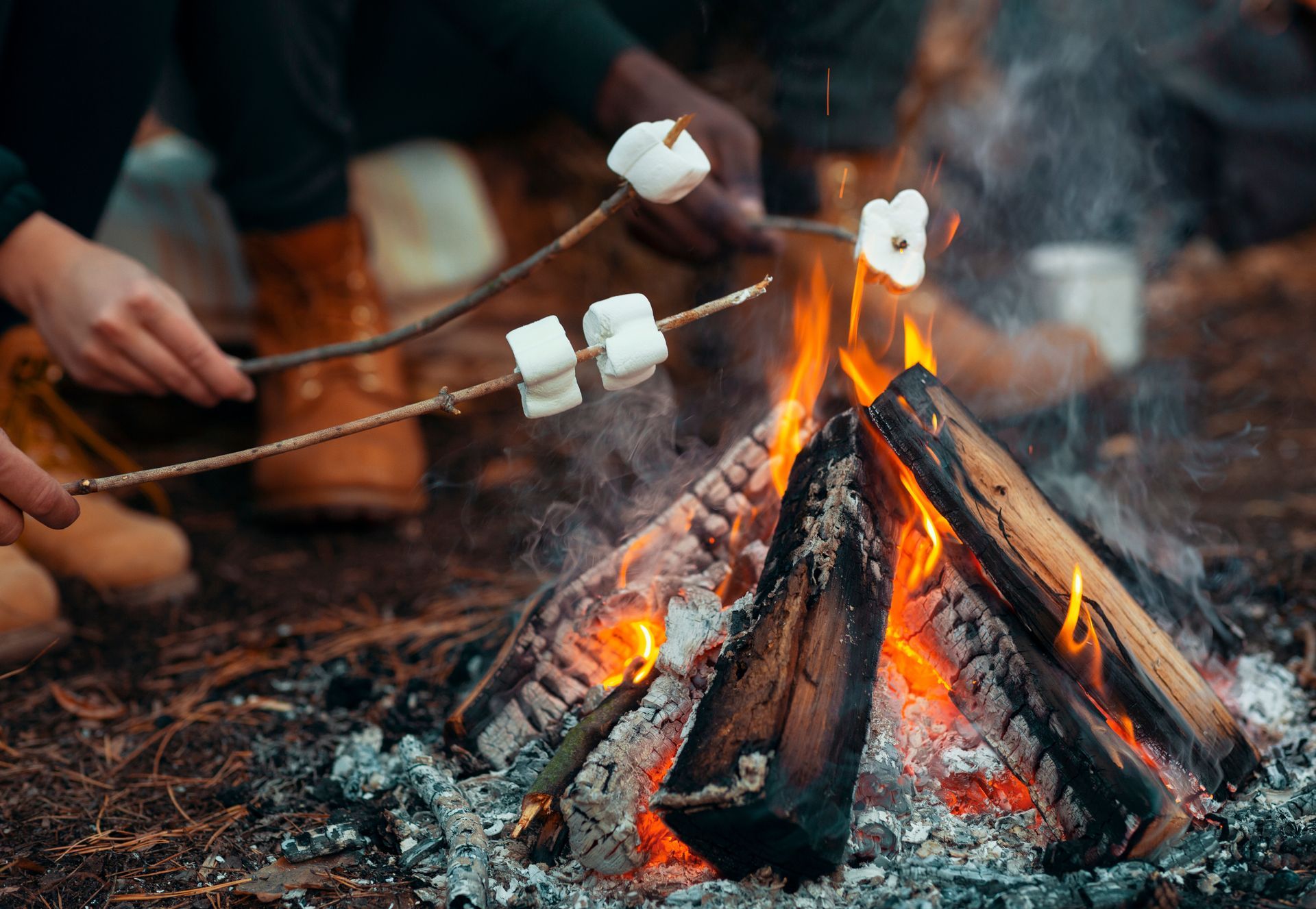 People hold sticks with roasting marshmallows over a vibrant campfire in an outdoor setting.