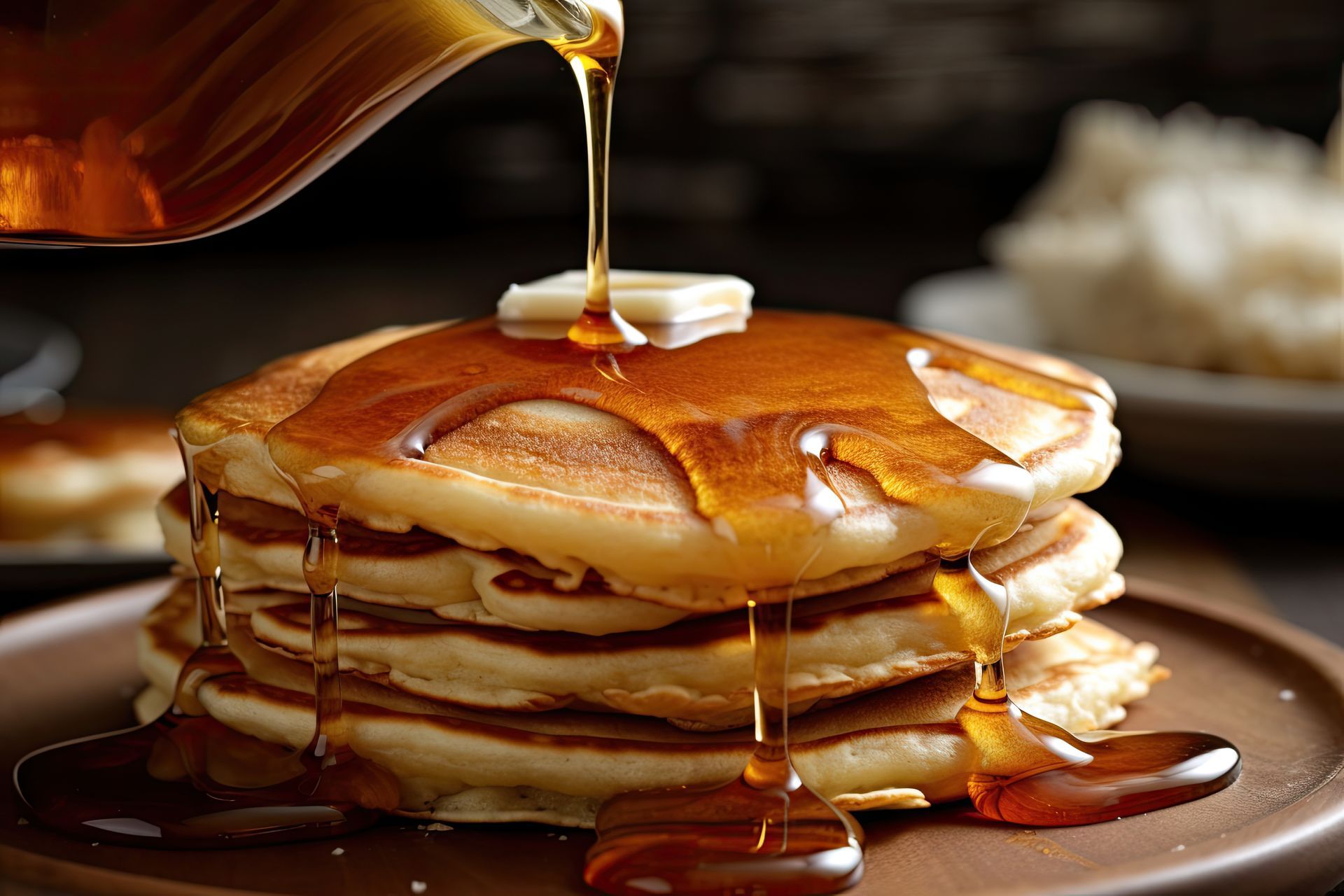 Pancakes stacked on a plate being drizzled with syrup; a pat of butter sits on top.