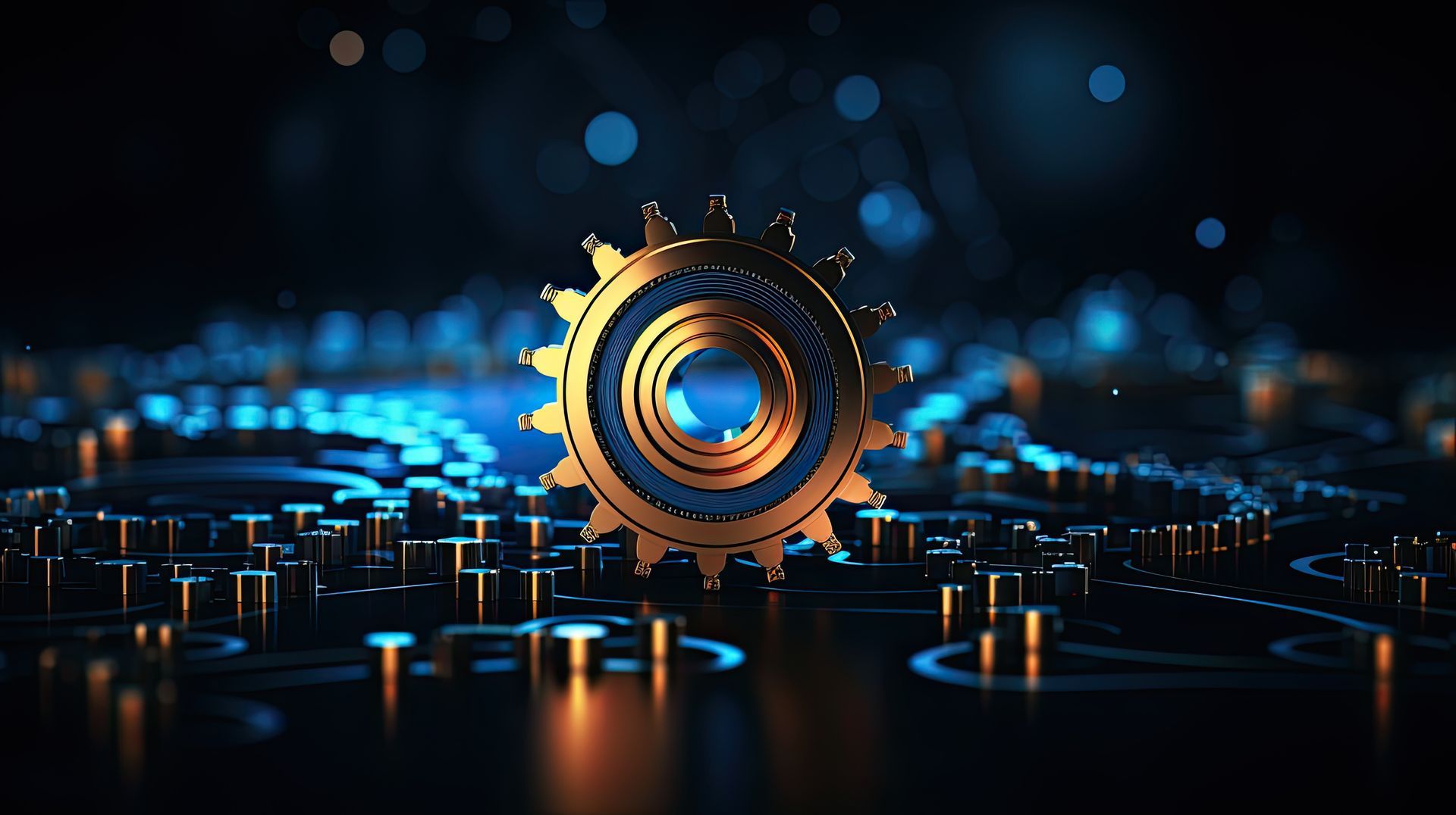 Golden gear on a circuit board, symbolizing technology and industrial design with blue and gold accents.