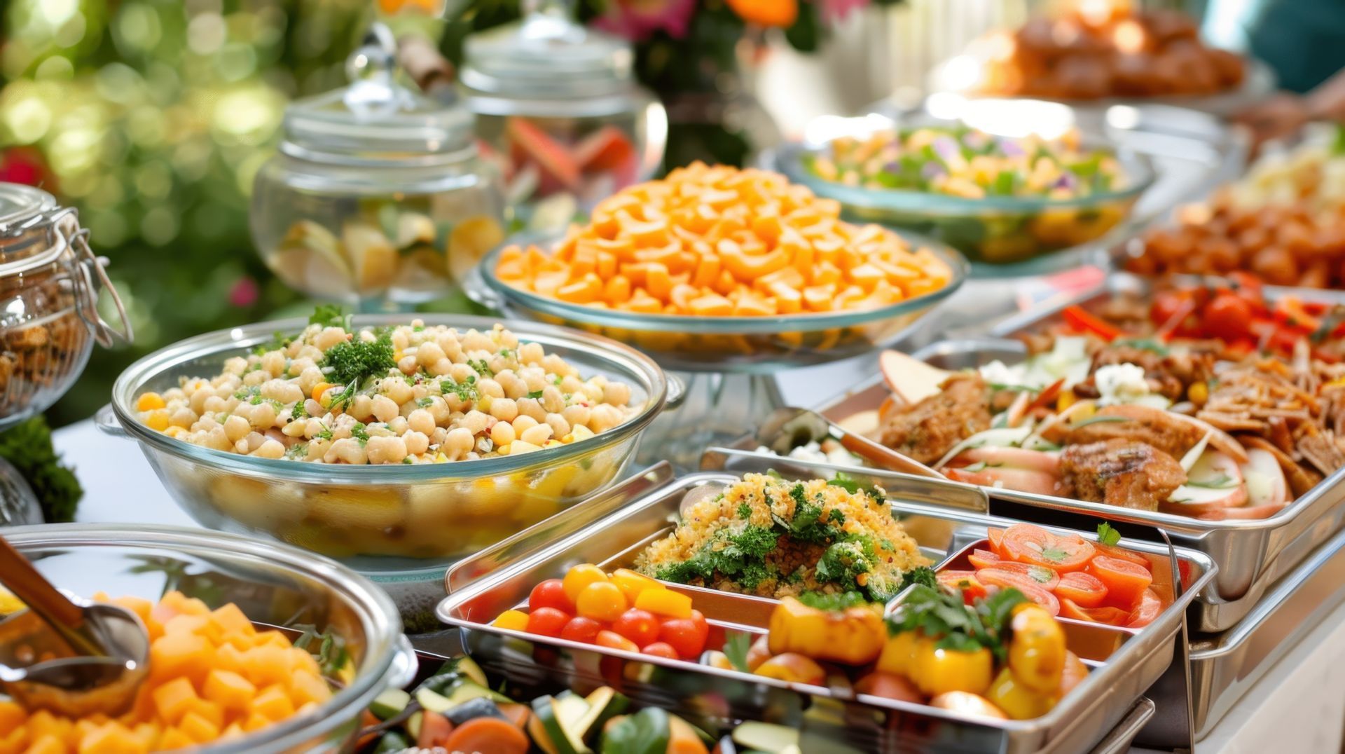 Buffet table with various foods: pasta salad, fruit, vegetables, and meats.