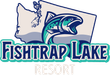 Logo for Fishtrap Lake Resort: jumping fish graphic over Washington state outline; aqua and blue colors.