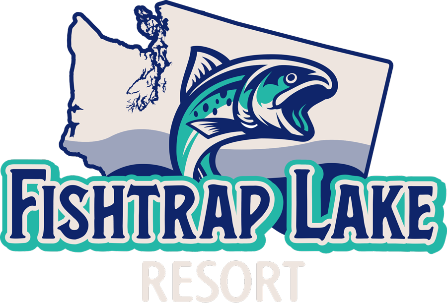 Logo for Fishtrap Lake Resort: jumping fish graphic over Washington state outline; aqua and blue colors.