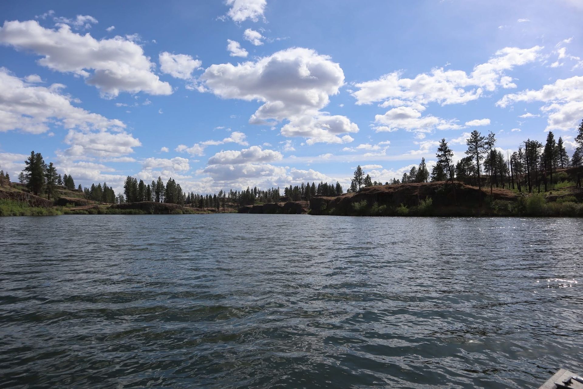 Lake with rippling water under a blue sky with fluffy white clouds, surrounded by trees.
