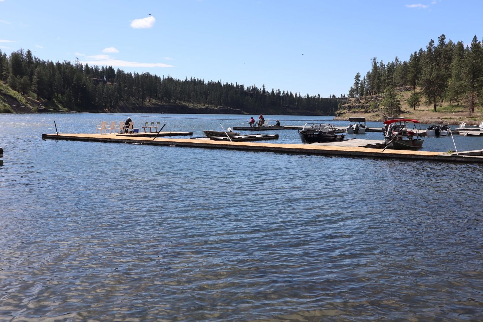 Dock on a lake with several boats, surrounded by trees under a blue sky.