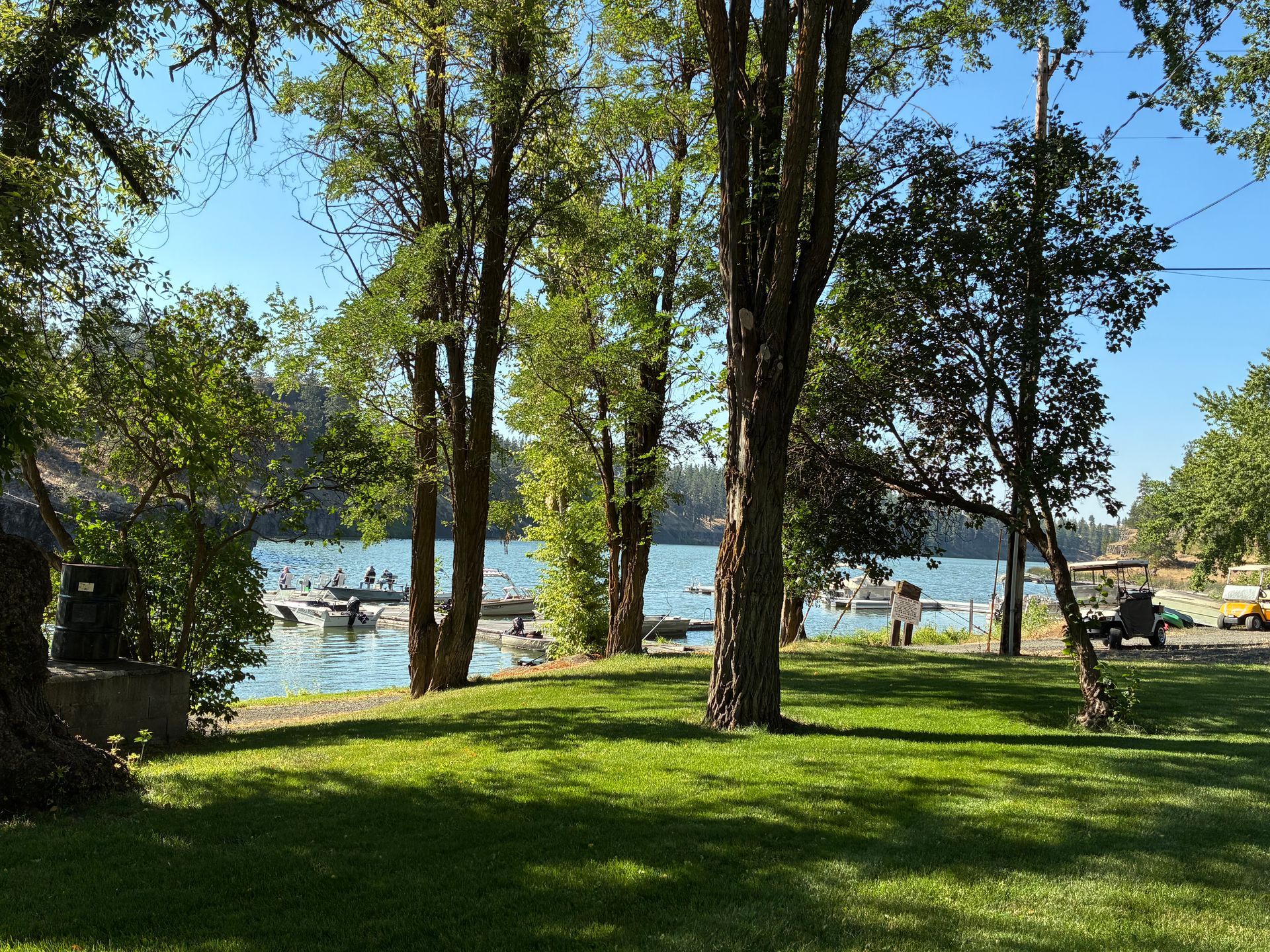 Lush green lawn leads to a lake with trees. Boats and docks are visible. Sunny day.