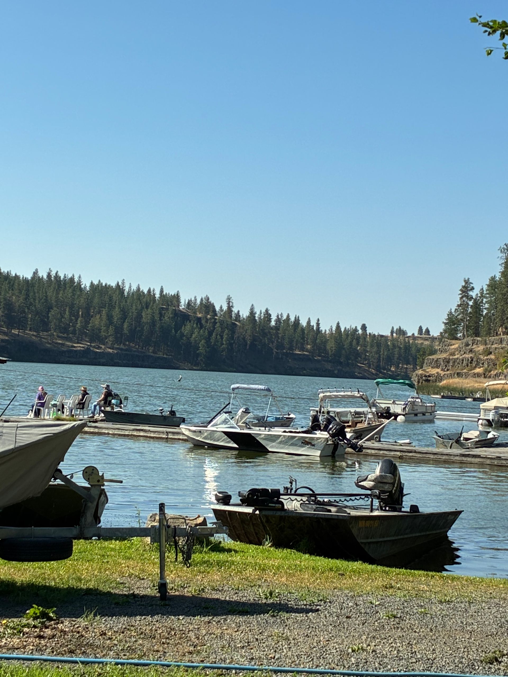 Boats docked on a lake, with people on some. Trees line the shore under a clear blue sky.