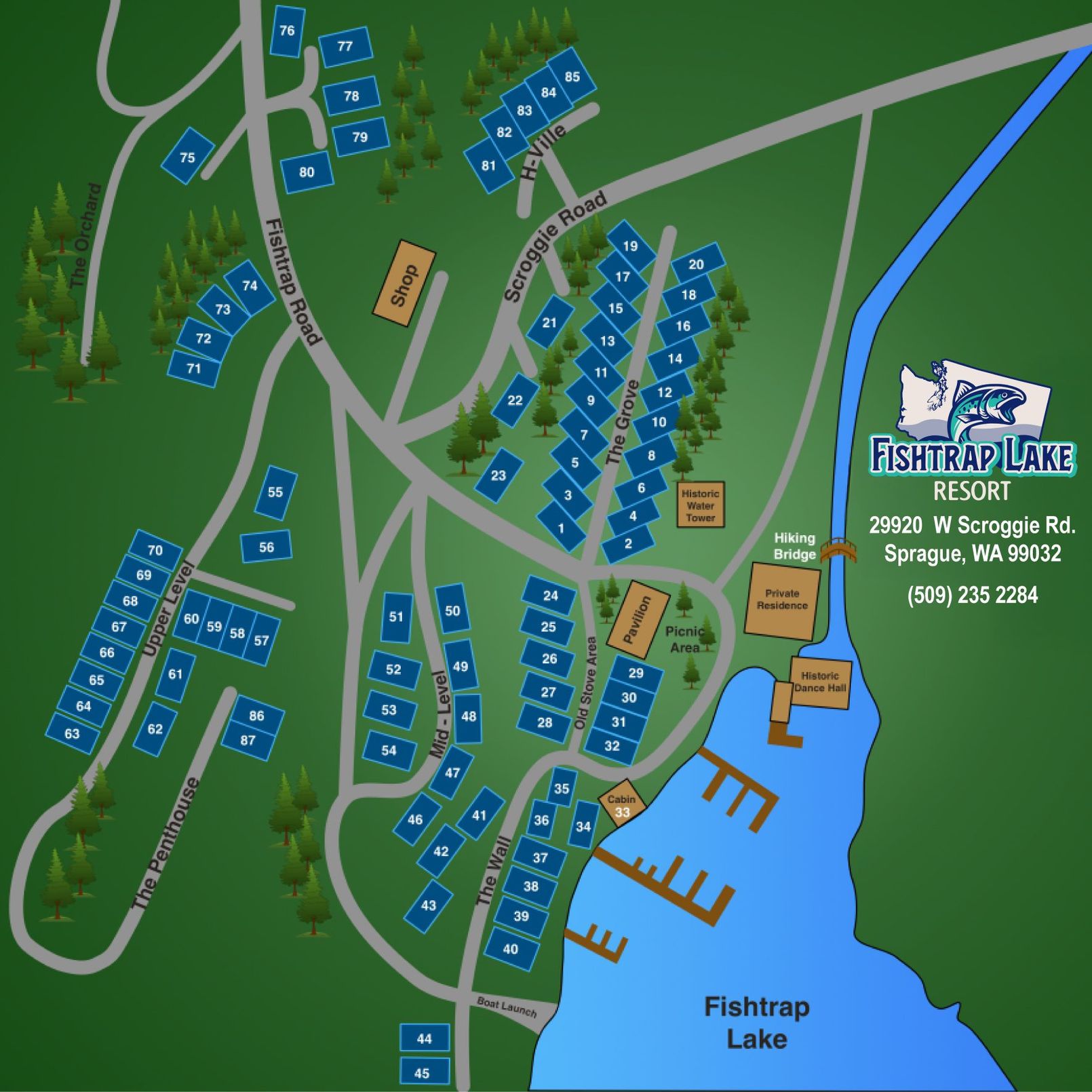 Map of Fishtrap Lake Resort, featuring cabins, roads, lake, docks, and resort amenities.