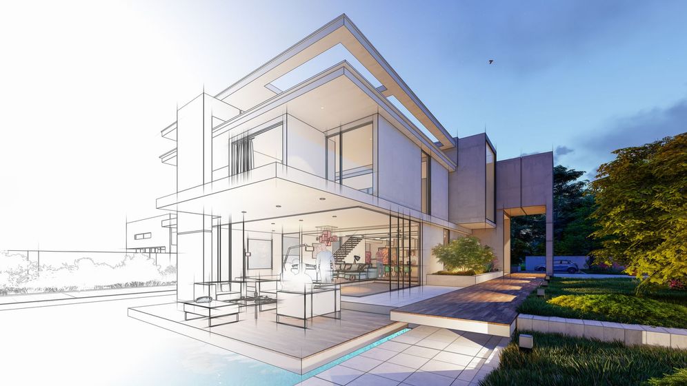 Un disegno in bianco e nero di una casa moderna con piscina.