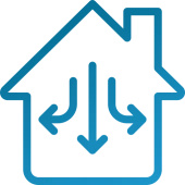 A blue line drawing of a house with three arrows pointing in opposite directions.