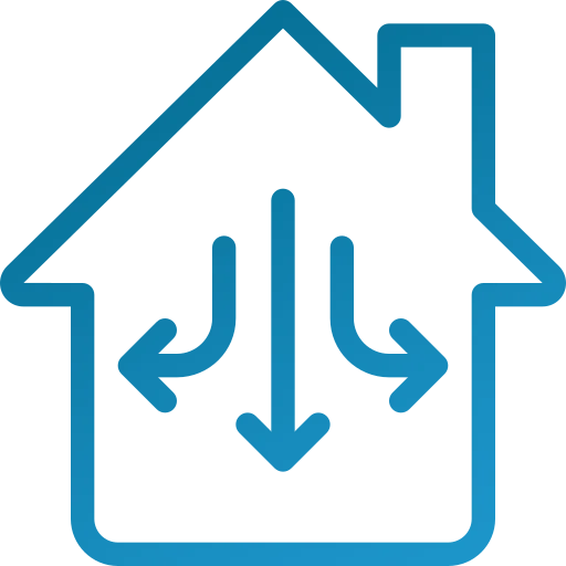 A blue line drawing of a house with three arrows pointing in opposite directions.