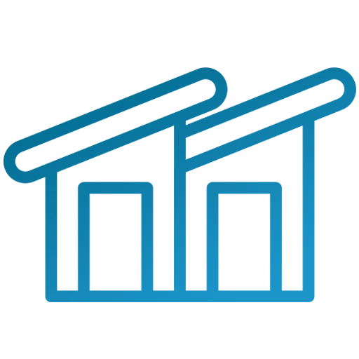 A blue line drawing of a house with a roof.