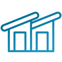 A blue line drawing of a house with a roof.