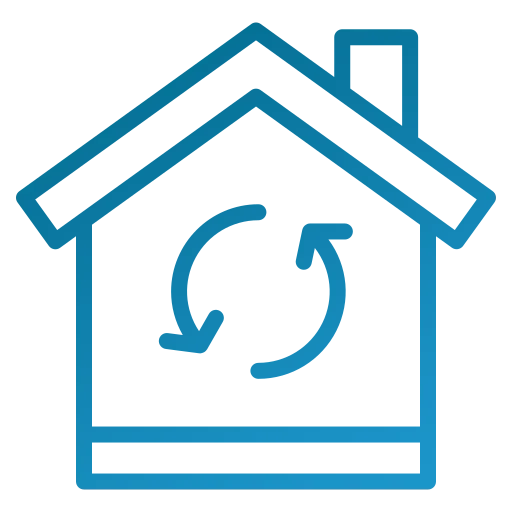 An icon of a house with two arrows pointing in opposite directions.