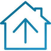 A blue line drawing of a house with an arrow pointing up.