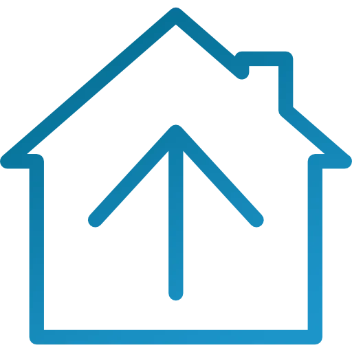 A blue line drawing of a house with an arrow pointing up.