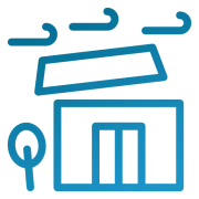 A blue line drawing of a building with smoke coming out of it.