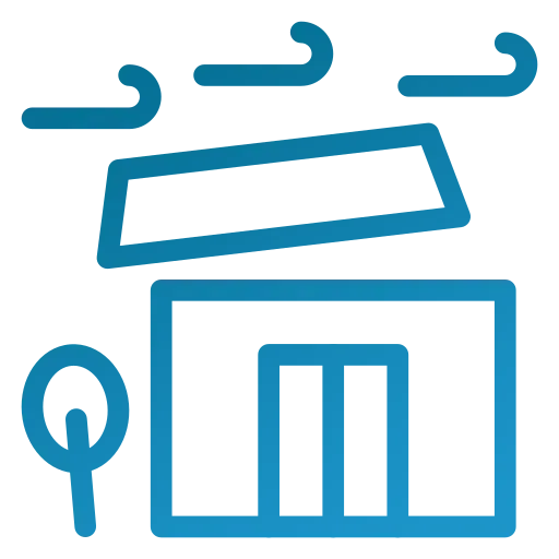 A blue line drawing of a building with smoke coming out of it.