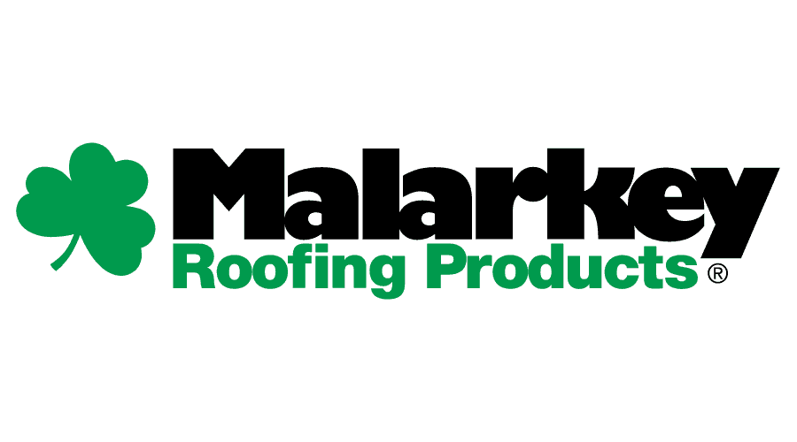 The logo for malarkey roofing products has a green clover on it.