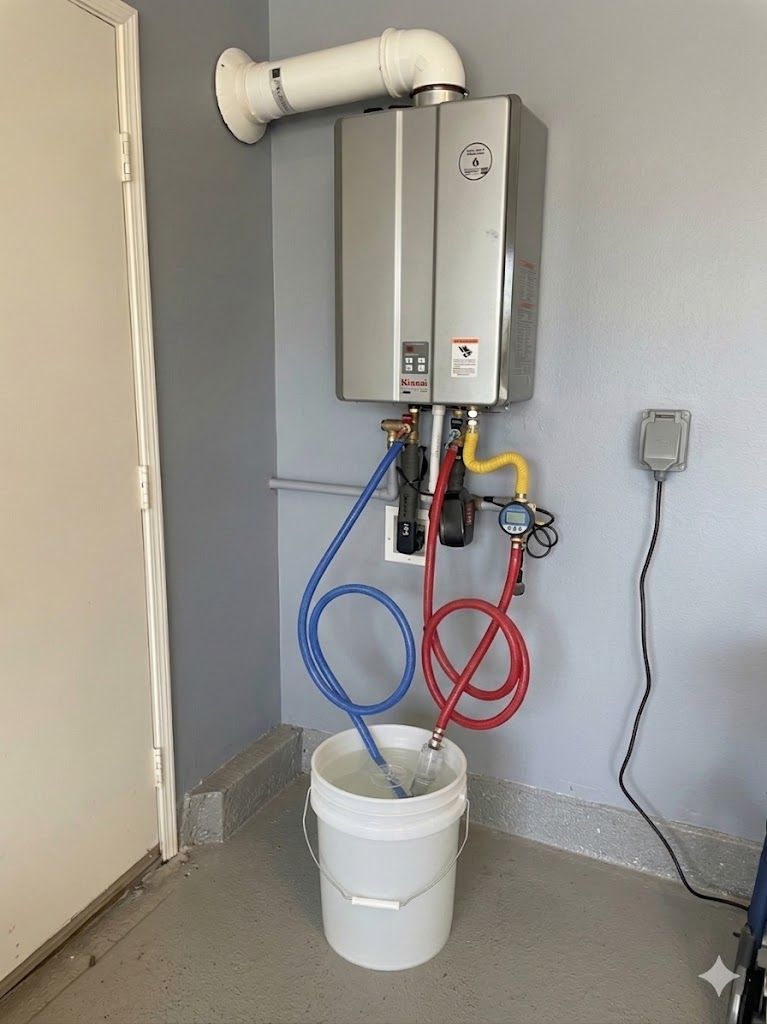 A tankless water heater undergoing a maintenance flush with hoses running into a white bucket on the floor.