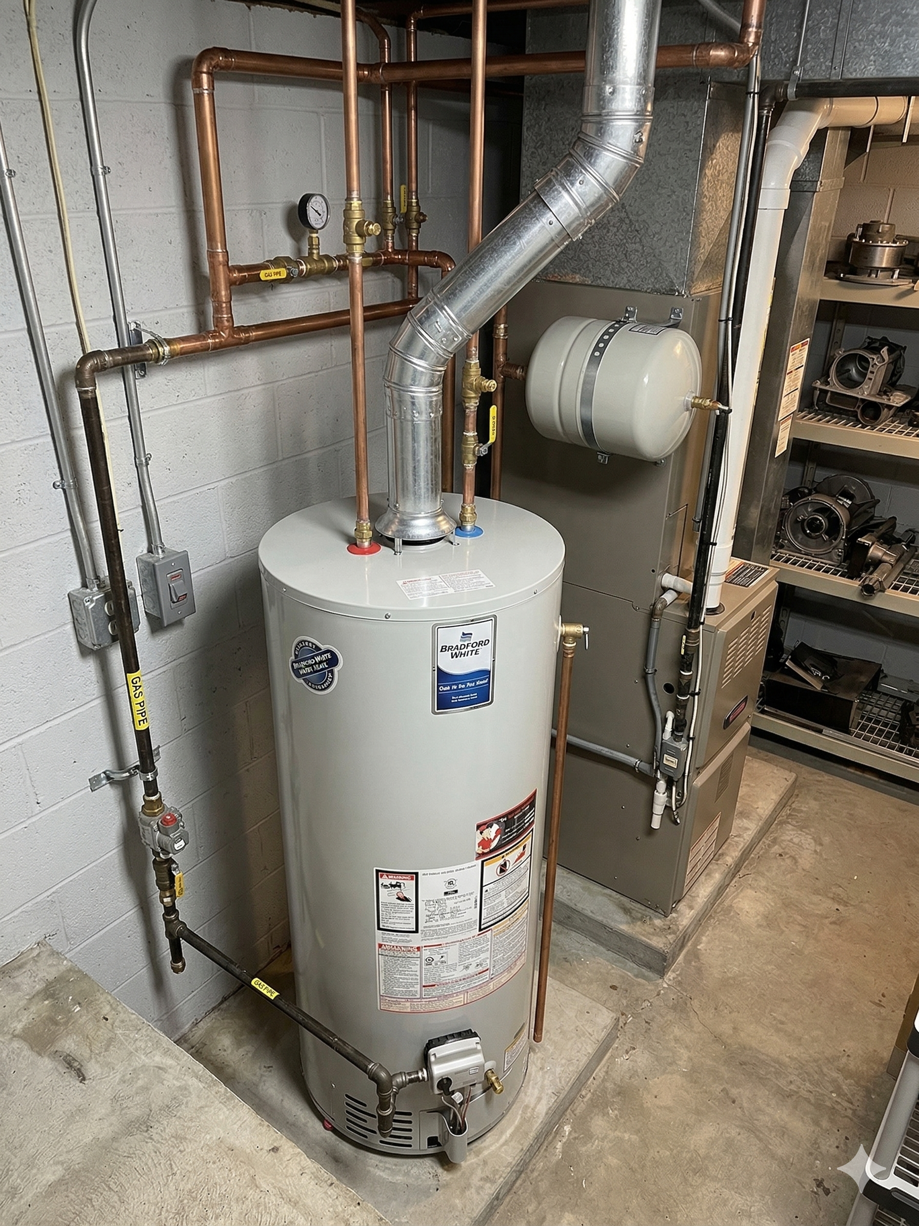 A gray residential gas water heater connected to copper piping and a metal vent pipe in a basement.