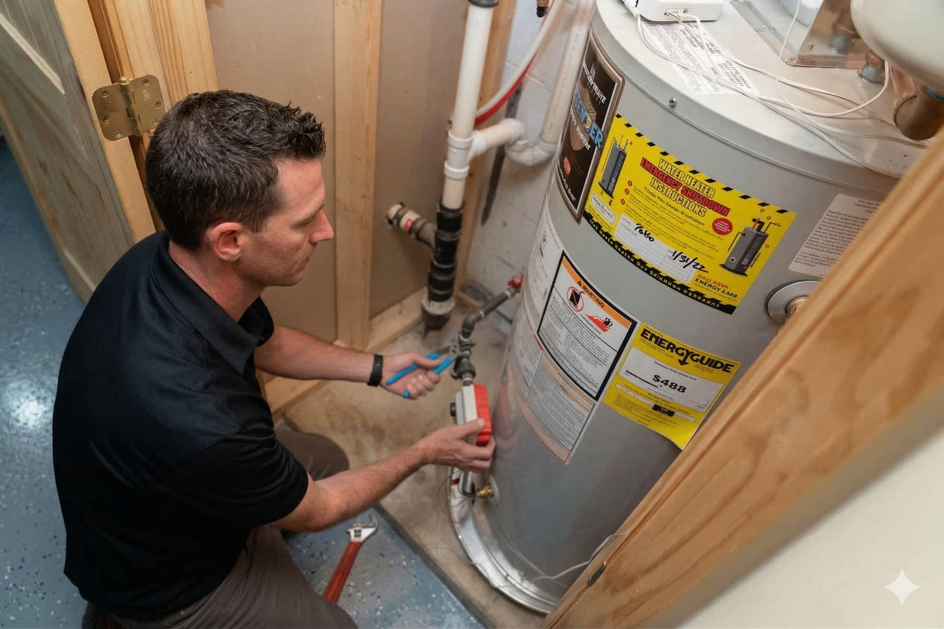 A person in a black shirt inspects a water heater, holding a blue tool near the base valve in a utility closet.