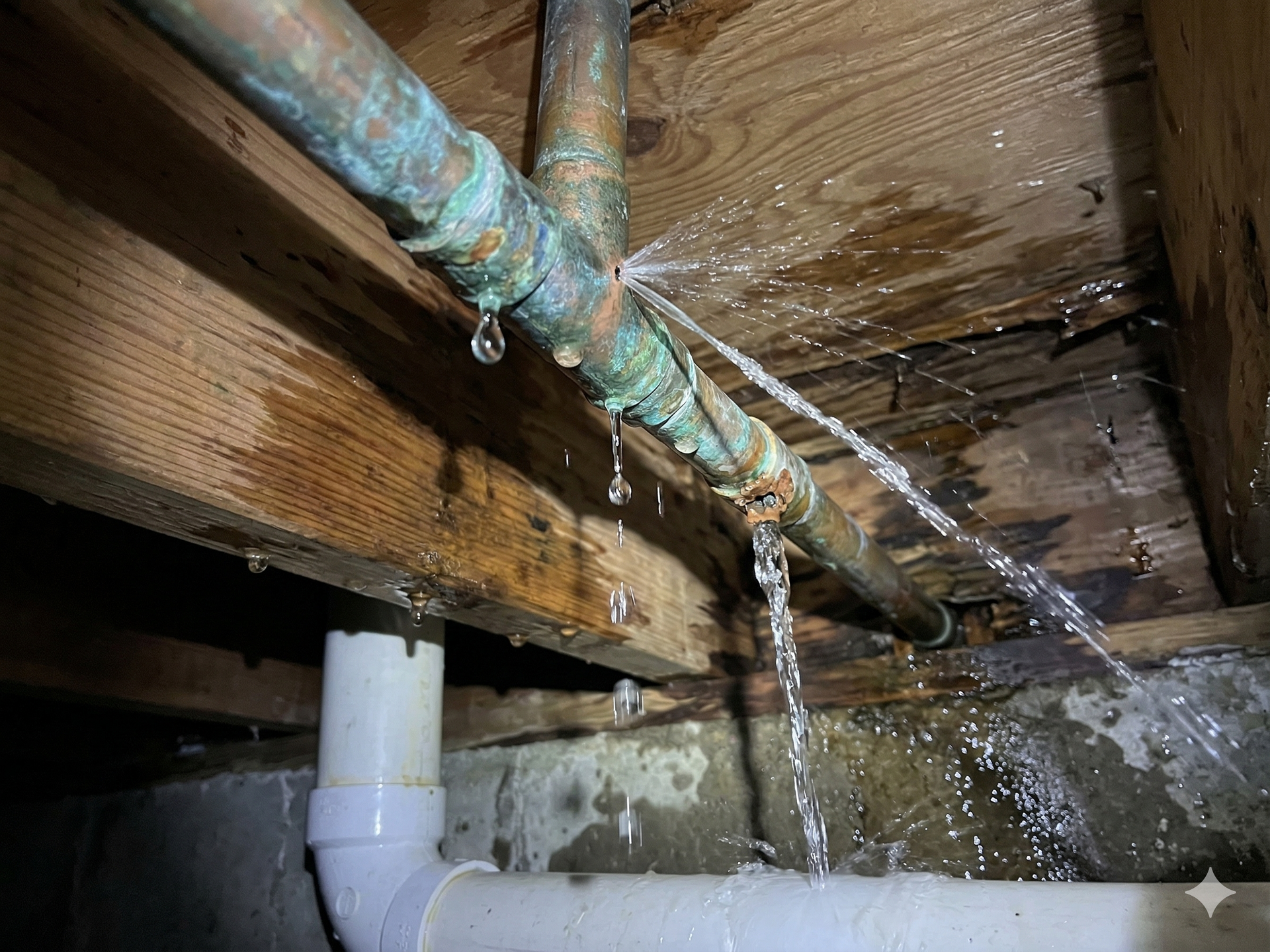 A copper plumbing pipe has multiple pinhole leaks, spraying water onto a wooden floor joist in a crawl space.