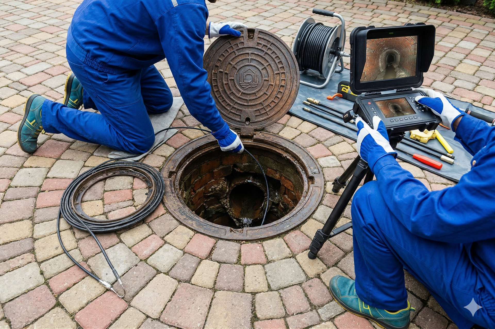 Two people in blue work uniforms perform a sewer inspection using a drain camera on a paved stone surface.