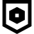 Um emblema em preto e branco apresentando um quadrado oco dentro de um hexágono