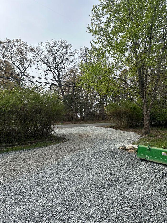 A gravel driveway surrounded by trees and bushes on a sunny day.