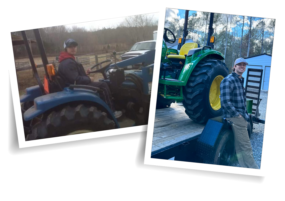 Two pictures of a man sitting in a tractor and a man standing next to a tractor.