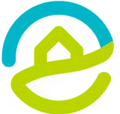 A green house symbol within a green and blue circle, suggesting home and community.