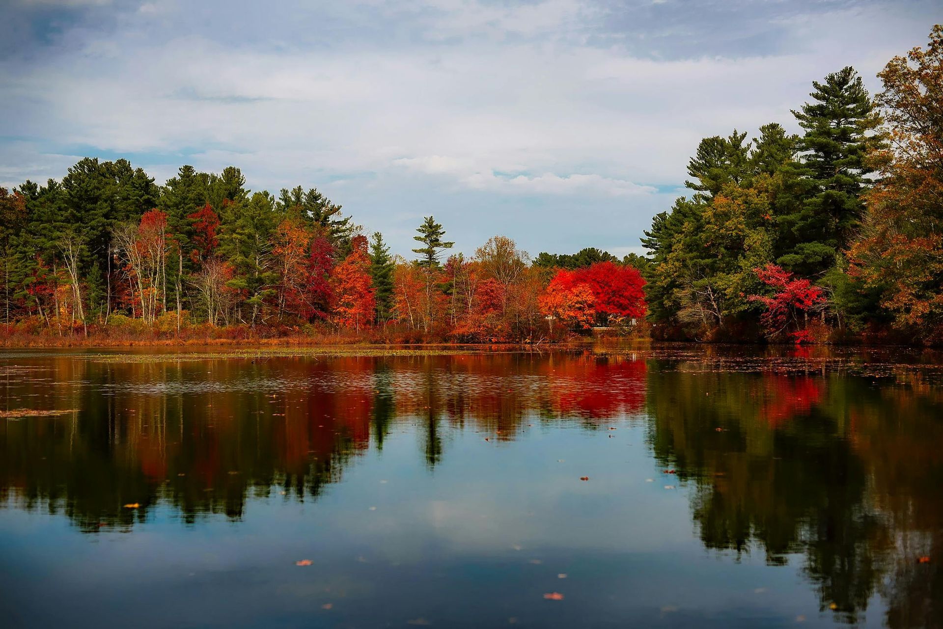 Autumn trees with red, orange, and green leaves reflect in a calm lake under a cloudy sky.